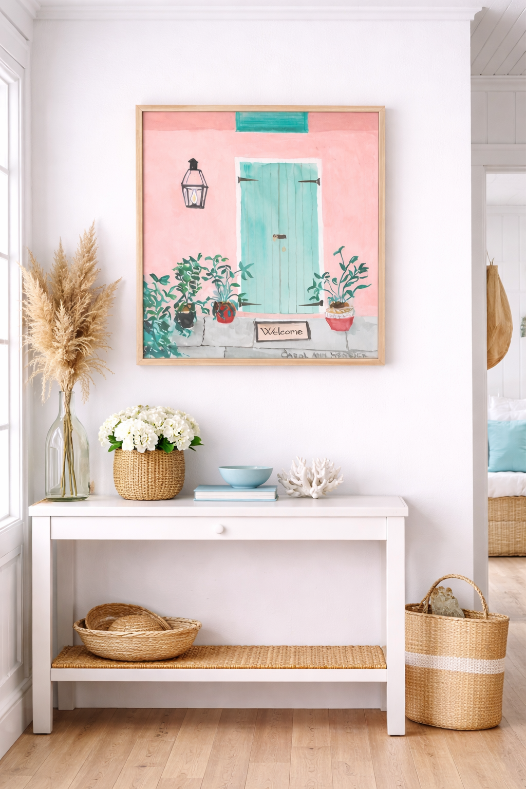 Cozy entryway with pastel decor and natural accents.