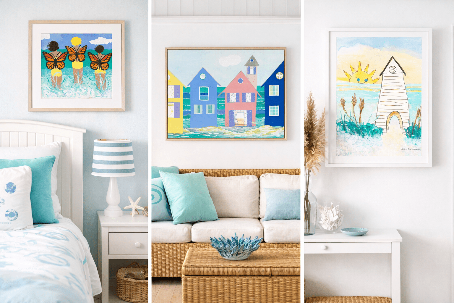 Cozy living room with pastel-colored beach house artwork and soft cushions.