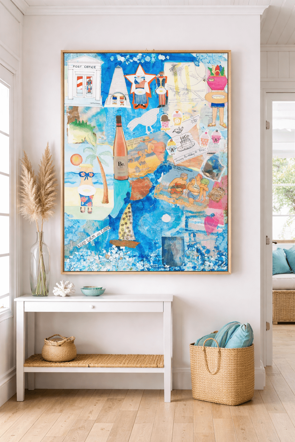 Colorful abstract art hanging above a white console table in a bright room.
