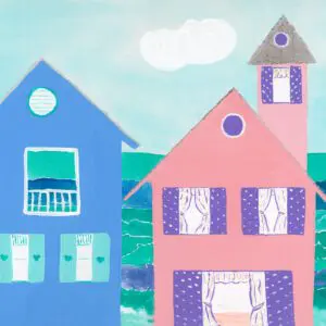 Colorful, hand-painted houses with a whimsical, childlike style.