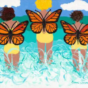 Three figures with butterfly wings standing in water under a blue sky.