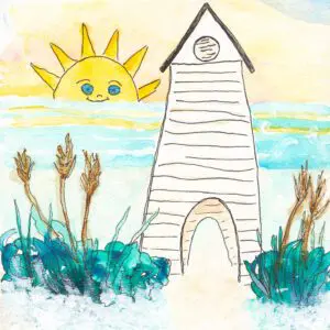 A cheerful sun shines over a lighthouse by the sea with plants in the foreground.