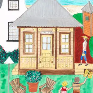 A quaint wooden house with a porch surrounded by a garden and people walking nearby.
