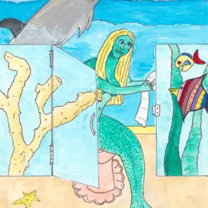 Step into a wonderfully weird little corner of old Key West, where mermaids peek through bathroom doors, dolphins leap beside the sea, and every splash of color feels kissed by salt air and sunshine. Inspired by the now-closed Captain Bob’s Grill — a beloved local seafood spot once nestled along North Roosevelt Boulevard — this whimsical piece captures the playful spirit of the Florida Keys at the turn of the millennium. Carol Wenrick’s signature “Potty Art” transforms an ordinary restroom scene into an underwater daydream. A green-skinned mermaid appears mid-moment, surrounded by coral, tropical reef fish, swaying seagrass, and a curious dolphin dancing above turquoise waters. Tiny details — from the sandy starfish below to the reef-inspired colors — celebrate the magic, humor, and coastal charm that made Key West unforgettable. The folding doors open like a portal between worlds: part beach shack, part ocean fantasy, part cheeky island humor. It’s both nostalgic and delightfully absurd — exactly the kind of storytelling you’d expect from a seafood grill in the Keys where locals swapped stories over fresh catch and key lime pie. A little surreal. A little salty. Entirely unforgettable. Purchase your piece of Original Potty Art by Carol Ann Wenrick, The Original Potty Artist.