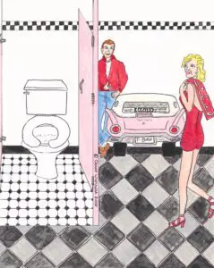 Inspired by the unforgettable Ellie’s 50’s Diner in Delray Beach, this Original Potty Art™ piece by Carol Ann Wenrick captures the fun, nostalgia, and retro charm that made the diner legendary for over 30 years. From the iconic black-and-white checkered floors to the pink “T-Bird” car and playful 50s-style characters, Carol transforms an ordinary bathroom scene into a whimsical blast from the past filled with humor, Americana, and vintage diner magic. 🍔🎶 A must-have conversation piece for lovers of retro décor, classic cars, and nostalgic Florida memories. Original by Carol Ann Wenrick The Original Potty Artist™