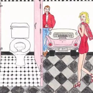 Inspired by the unforgettable Ellie’s 50’s Diner in Delray Beach, this Original Potty Art™ piece by Carol Ann Wenrick captures the fun, nostalgia, and retro charm that made the diner legendary for over 30 years. From the iconic black-and-white checkered floors to the pink “T-Bird” car and playful 50s-style characters, Carol transforms an ordinary bathroom scene into a whimsical blast from the past filled with humor, Americana, and vintage diner magic. 🍔🎶 A must-have conversation piece for lovers of retro décor, classic cars, and nostalgic Florida memories. Original by Carol Ann Wenrick The Original Potty Artist™