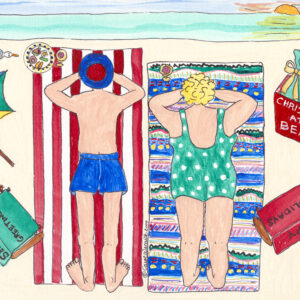 Two people sunbathe on colorful beach towels under a bright sky.